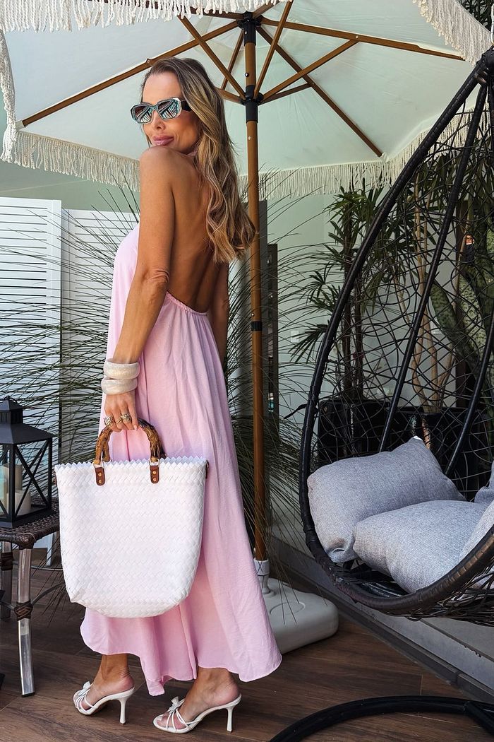 Vestido Longo Crepe Frente Única Rosa