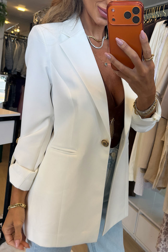 Blazer Longo Drama Signature Alfaiataria Premium com Martingale 1 botão cor Off White