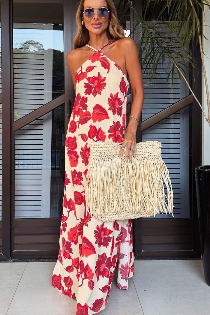 Vestido Noronha Floral Nude/Vermelho