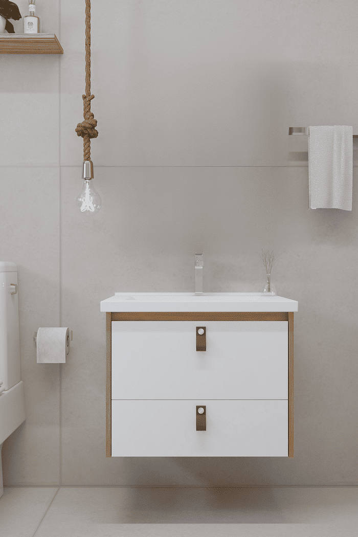 Armário de Banheiro Gabriela 60cm - Com Pia Inclusa - Freijó/Branco