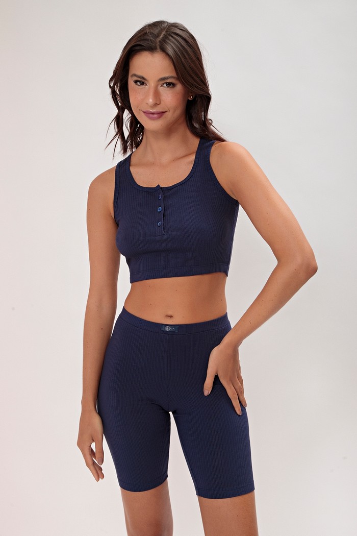 Pijama top e short biker canelado de viscose com elastano