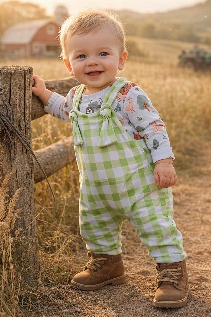 Jardineira Xadrez Verde + Body/ Camiseta Estampada