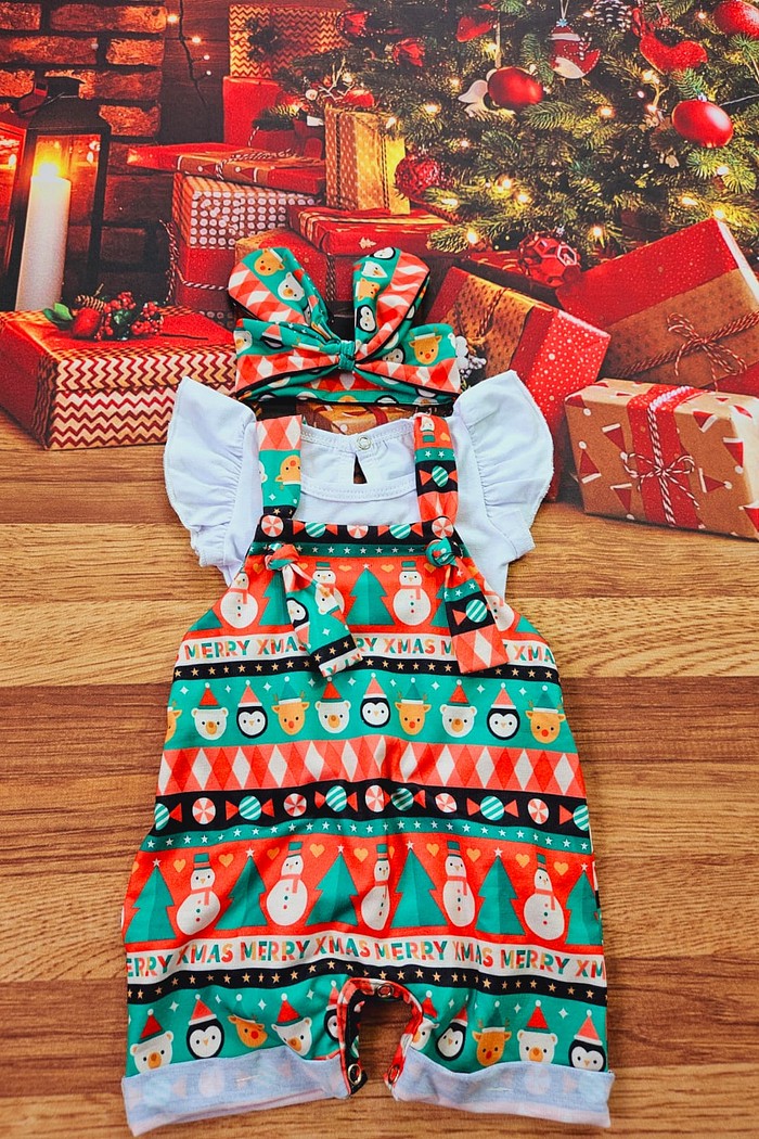 Body Frufru MC Branco + Jardineira + Laço