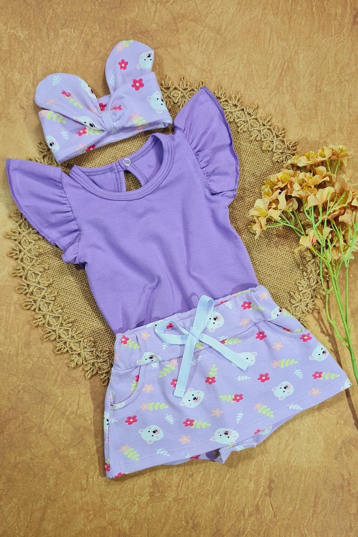 Body Frufru MC Lilás + Short Saia + Laço