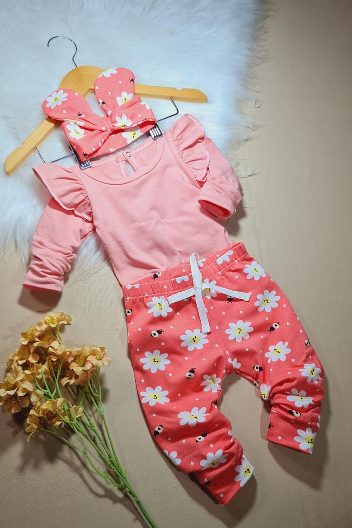 Body Frufru ML Rose + Calça + Laço