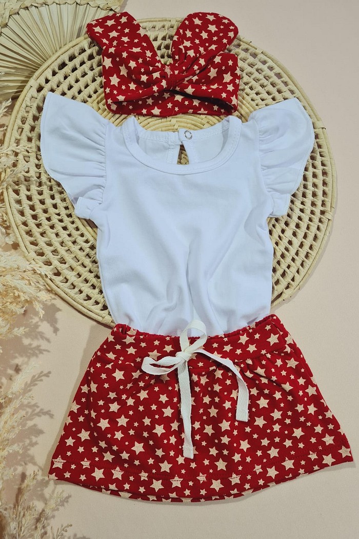 Body Frufru MC Branco + Saia + Laço