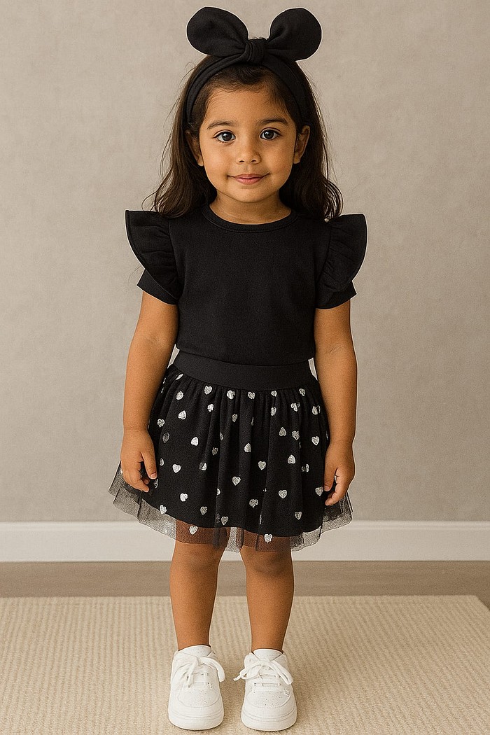 Camiseta Frufru MC Preta +Shorts Saia Tule+ Laço Preto