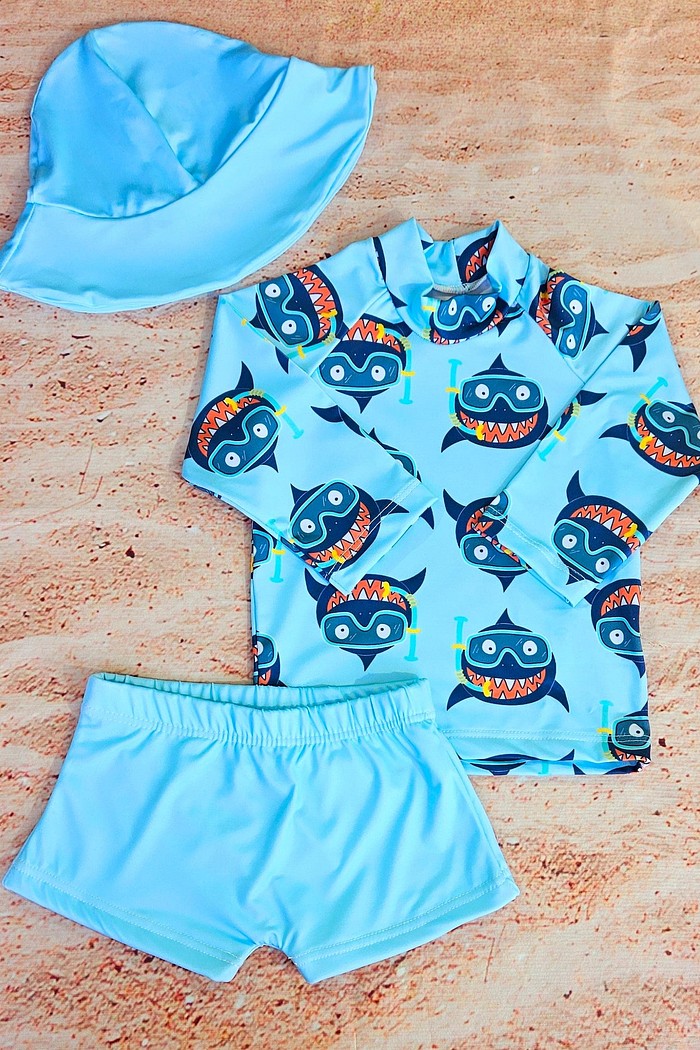Blusa + Sunga Azul Bebê + Chapéu Azul Bebê