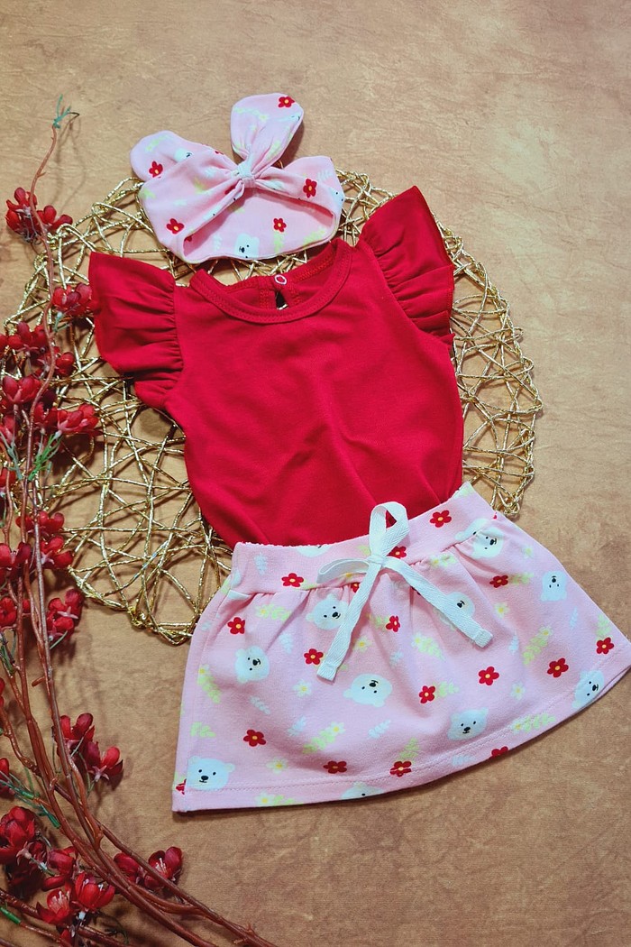 Body Frufru MC Vermelho + Saia + Laço