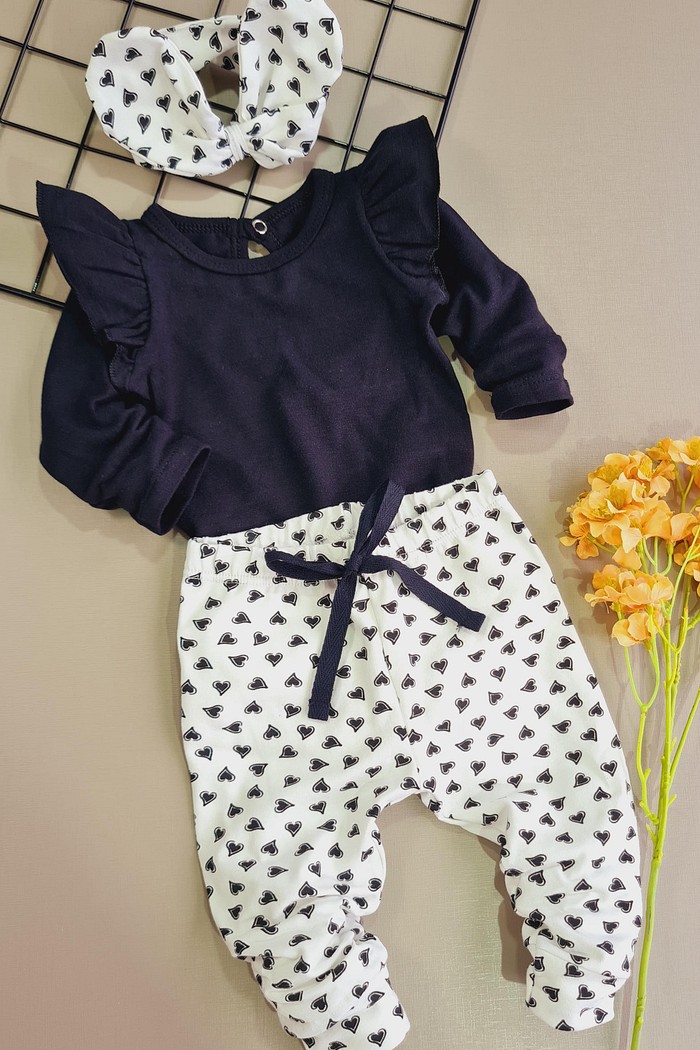Body Frufru ML Preto + Calça + Laço