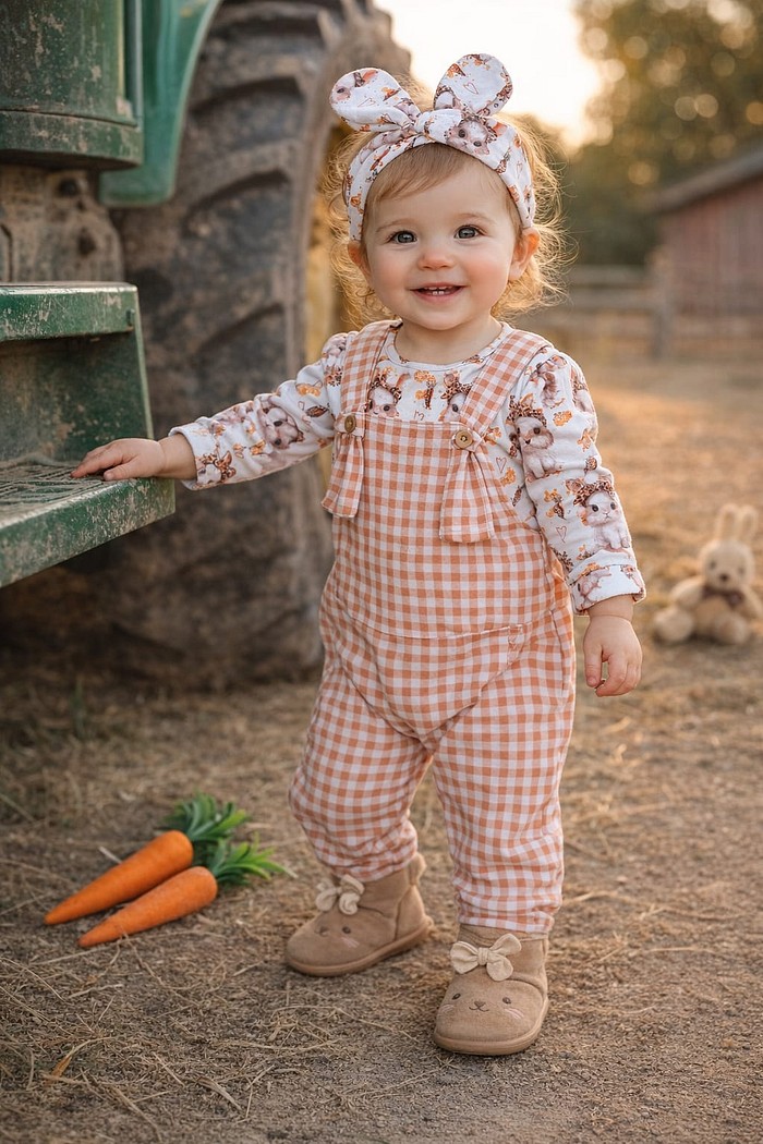 Jardineira Xadrez Marrom + Camiseta e Laço estampado