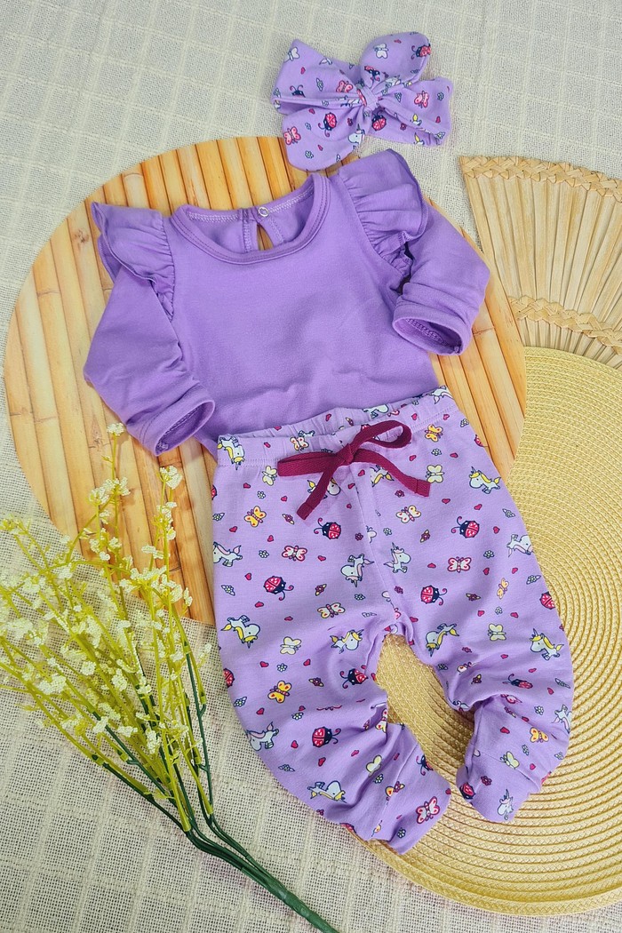 Body Frufru ML Lilás + Calça + Laço