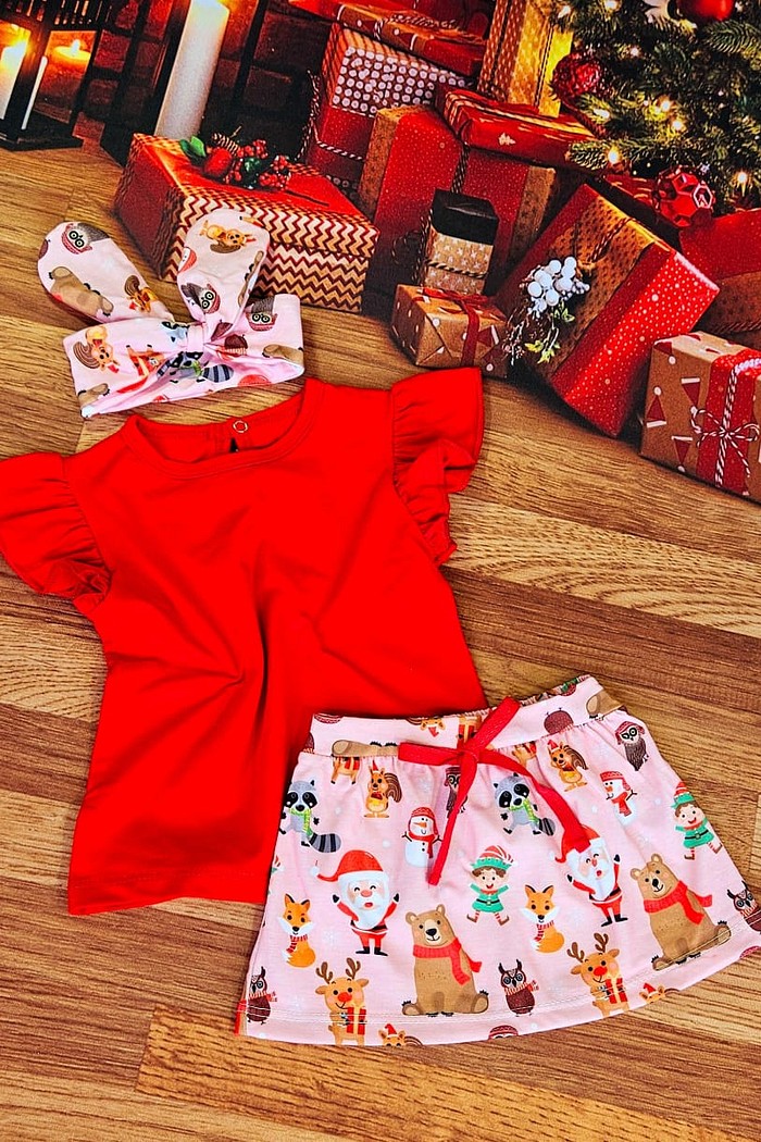 Camiseta Frufru MC Vermelha + Saia + Laço