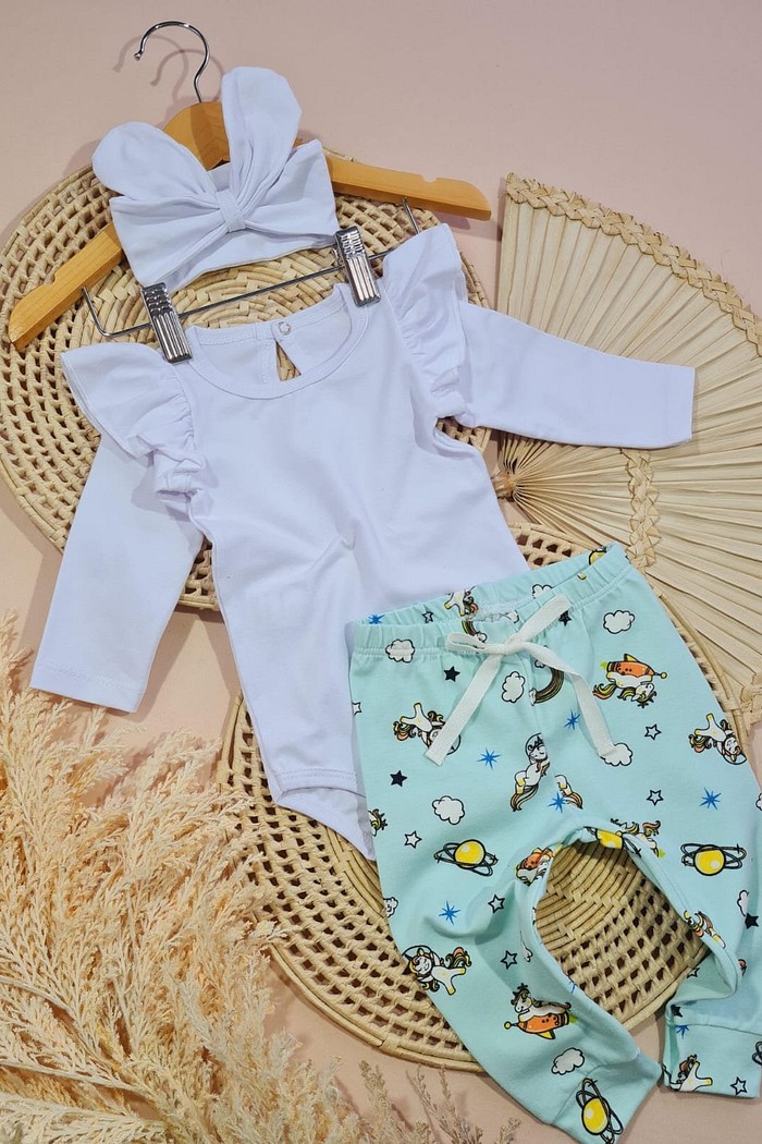 Body Frufru ML Branco + Calça + Laço