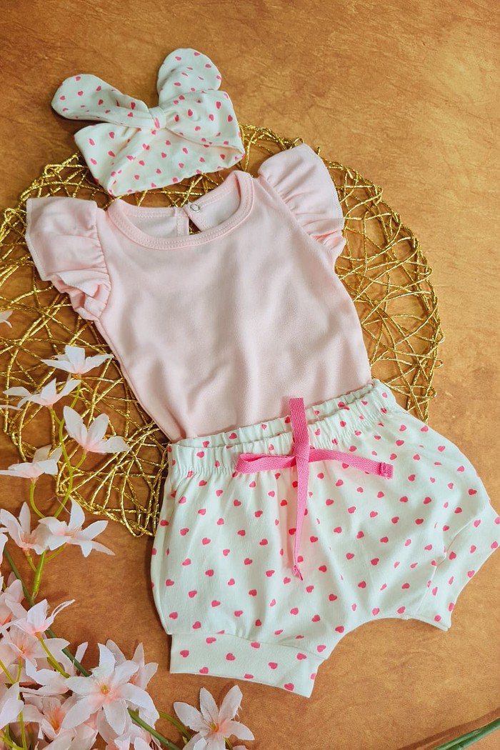 Body Frufru MC Rosa + Shorts + Laço
