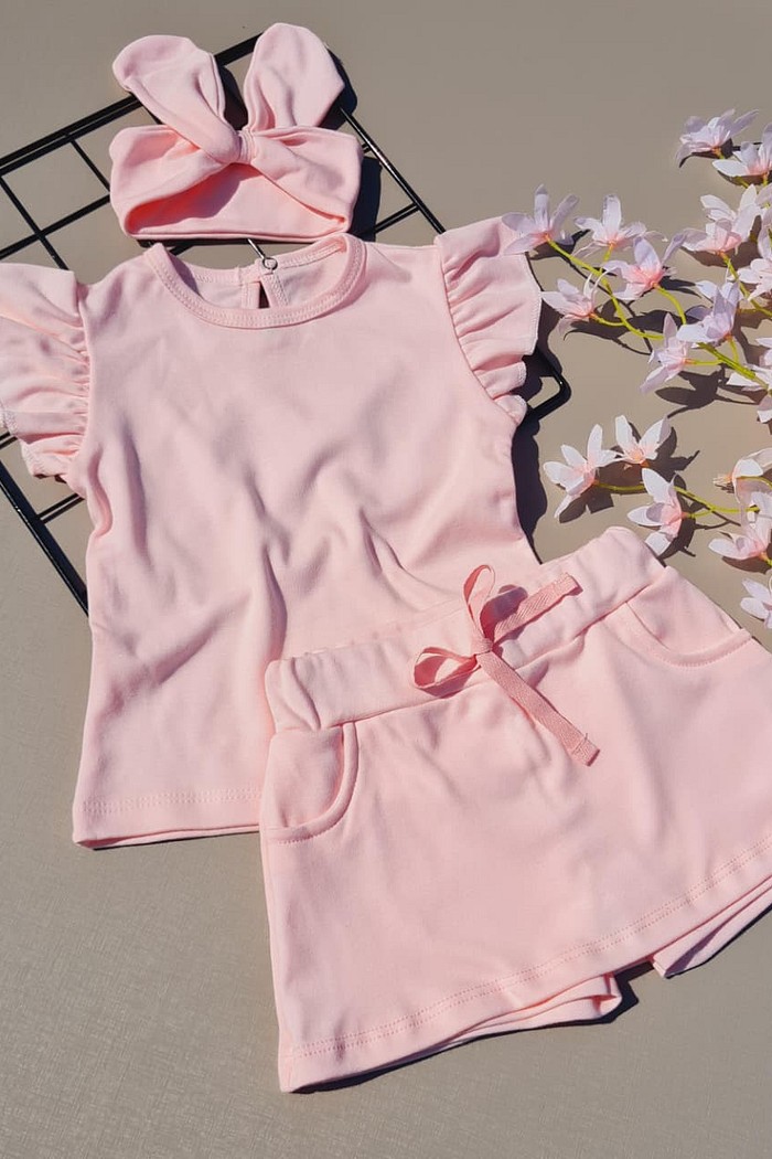 Blusa Frufru Mc + Shorts Saia+Laço Algodão Pima