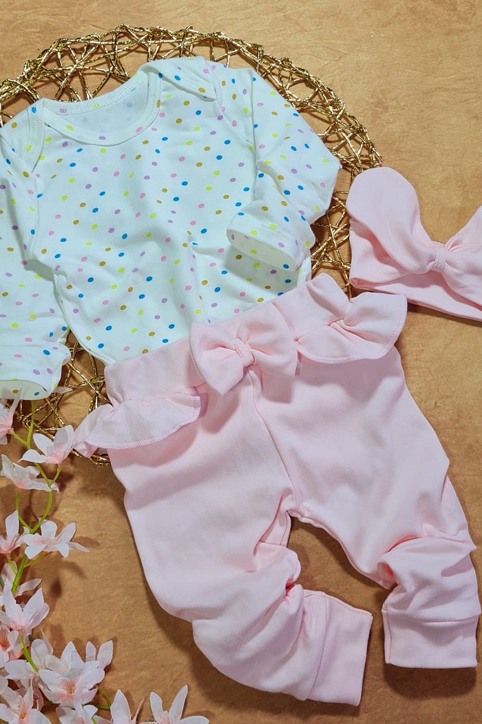 Body ML + Calça Frufru Rosa + Laço Rosa