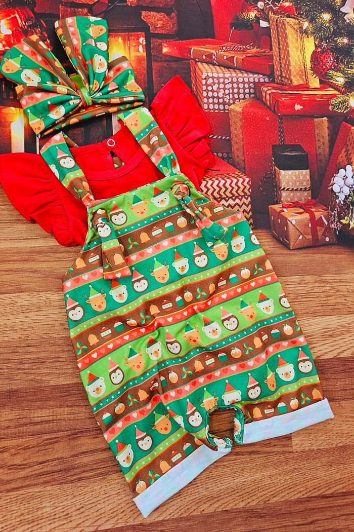 Body Frufru MC Vermelho + Jardineira + Laço