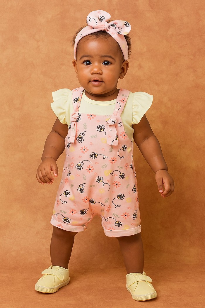 Body Frufru MC Amarelo liso Pastel+ Jardineira+ Laço