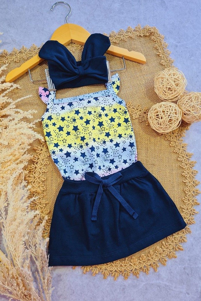 Saia Marinho + Laço Marinho + Body Alça Com Babado