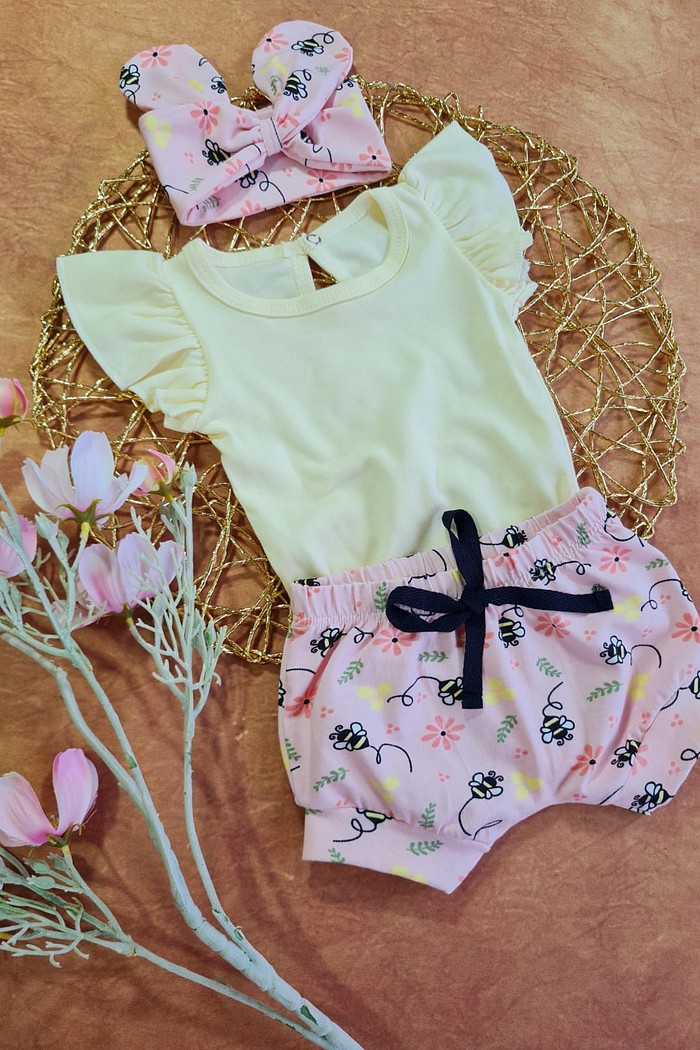 Body Frufru MC Amarelo Pastel + Shorts + Laço