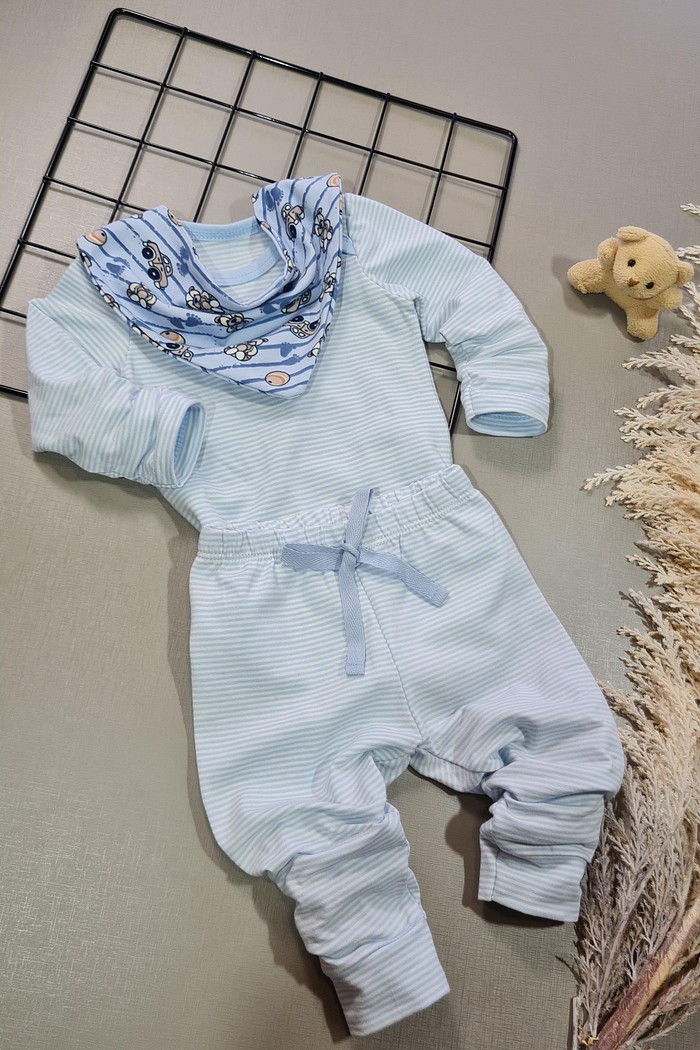 Body ML + Calça listras + Bandana Listras Carros Azul