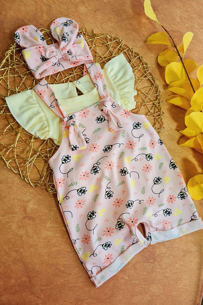 Body Frufru MC Amarelo liso Pastel+ Jardineira+ Laço