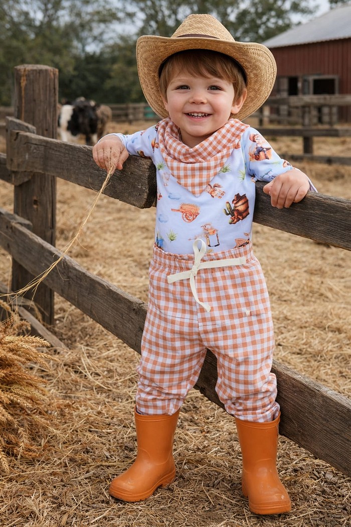 Calça e Bandana Xadrez  Marrom + Body estampado