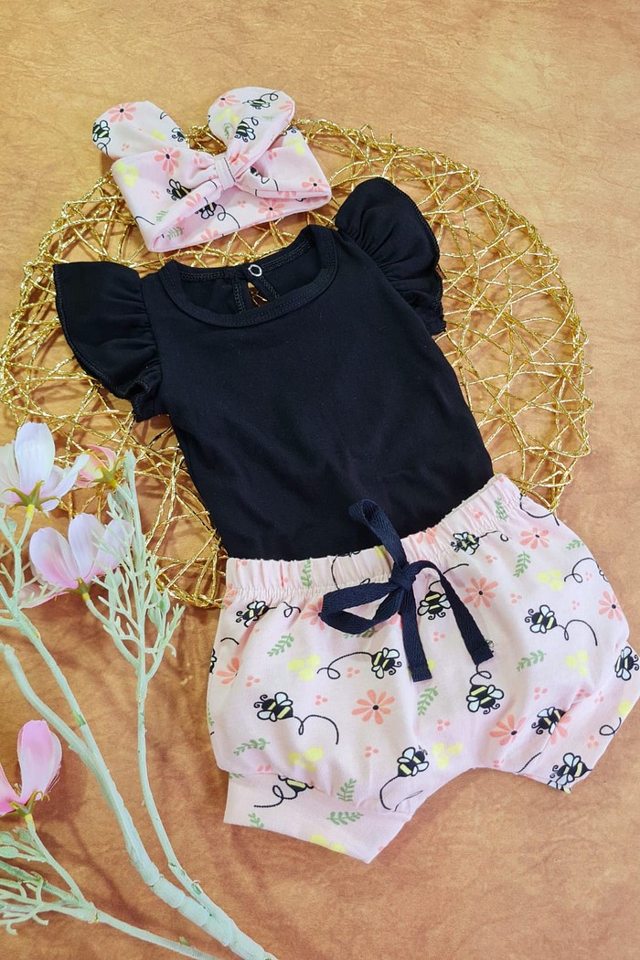 Body Frufru MC Preto + Shorts + Laço