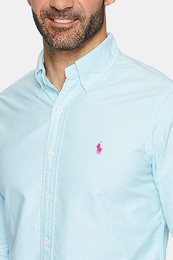 Camisa Ralph Lauren Custom Fit Sarja Pink Icon Azul Claro