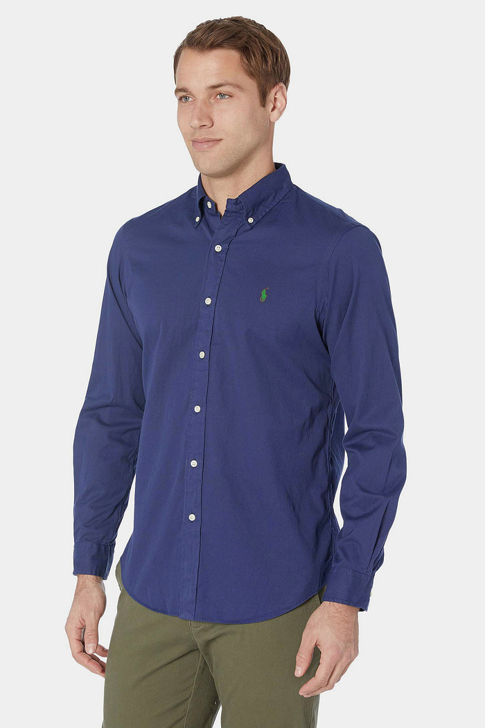 Camisa Ralph Lauren Custom Fit Green Icon Tricoline Azul Marinho