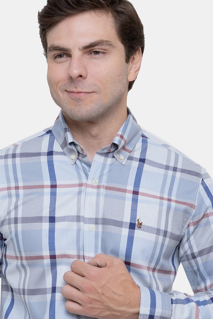 Camisa Ralph Lauren Custom Fit Colored Icon Xadrez Oxford Azul Claro