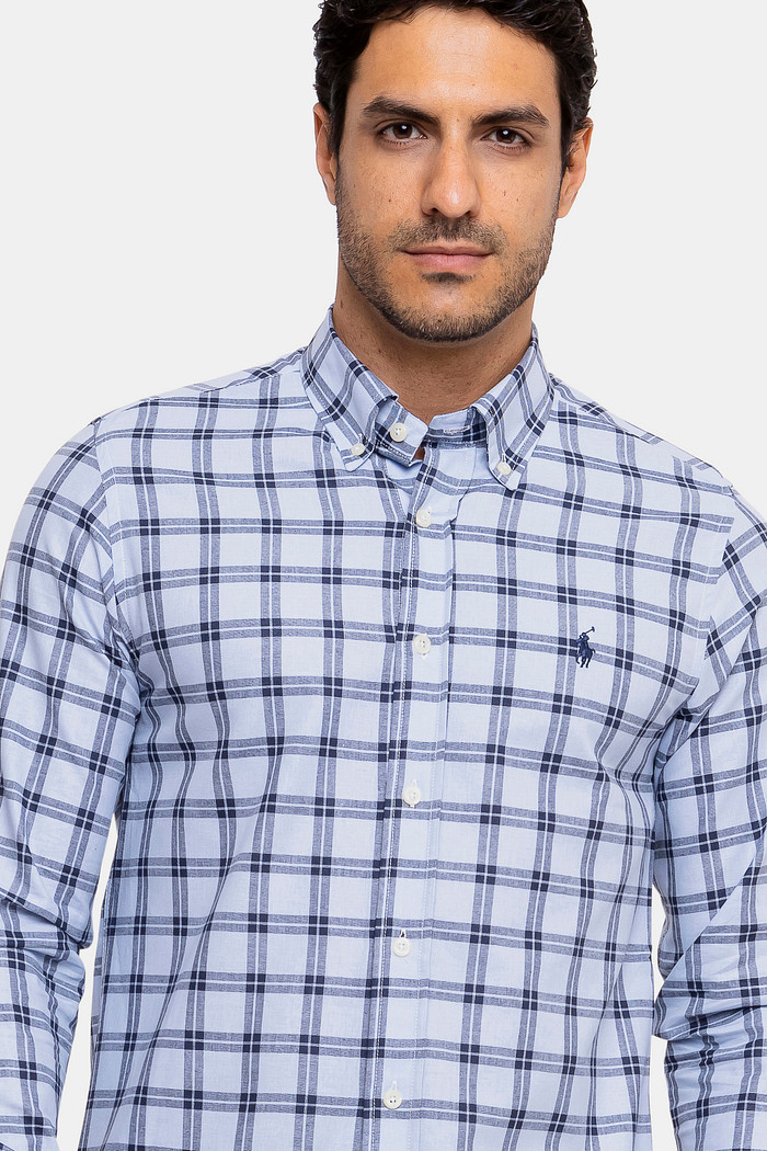 Camisa Ralph Lauren Masculina Custom Fit Navy Icon Xadrez Azul Claro
