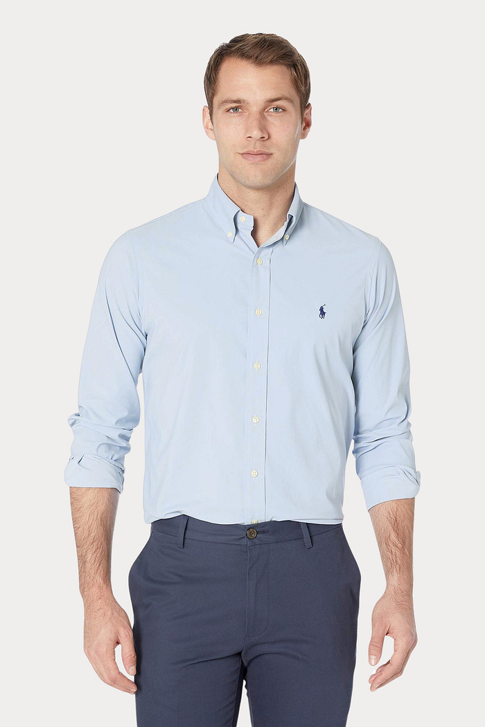 Camisa Ralph Lauren Custom Fit Navy Blue Icon Tricoline Azul Claro