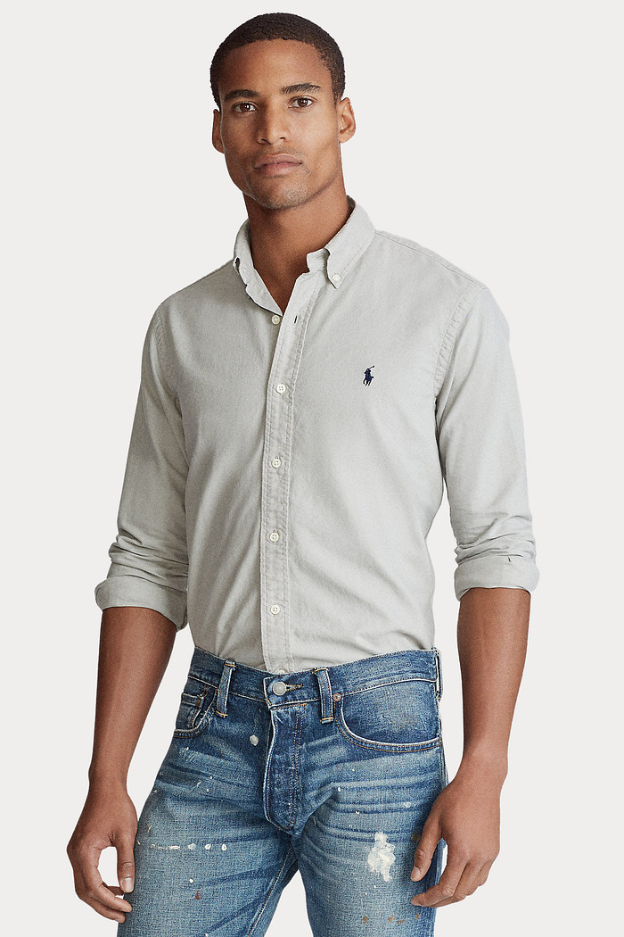 Camisa Ralph Lauren Custom Fit Navy Icon Cotton Oxford Cinza