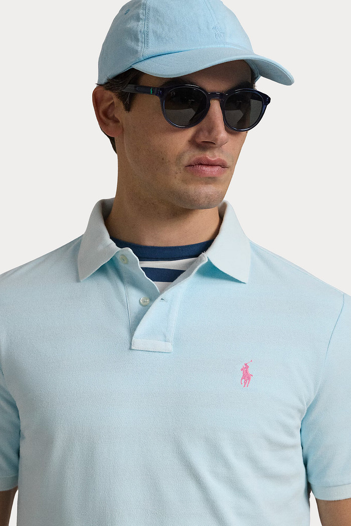Camisa Polo Ralph Lauren Custom Slim Fit Masculina Pink Icon Azul Claro