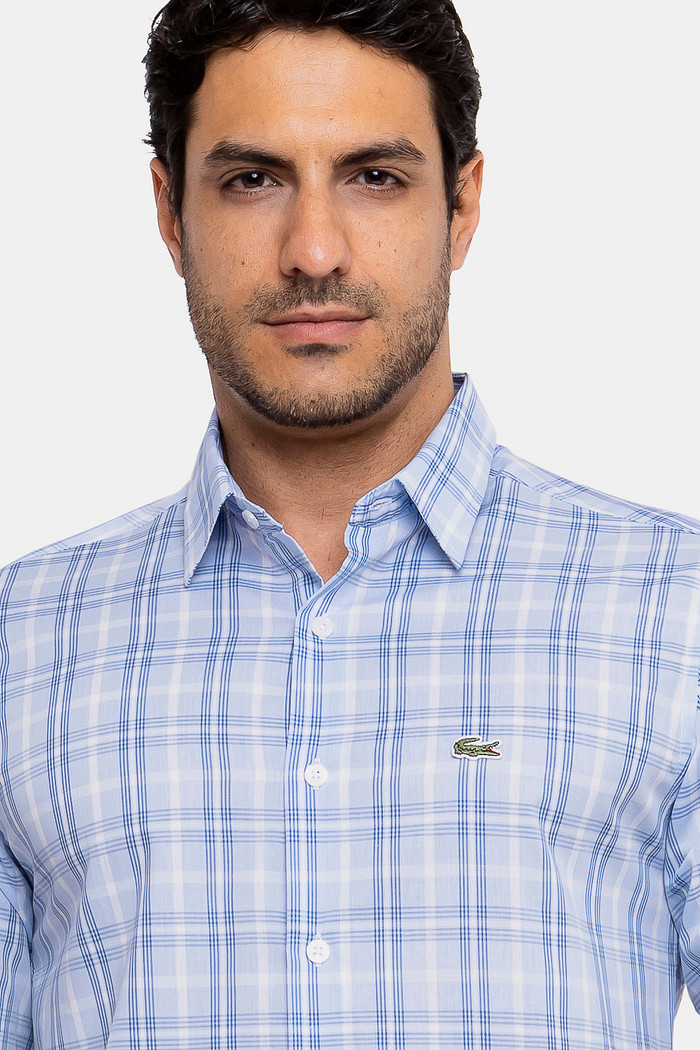 Camisa Lacoste Masculina Regular Fit Xadrez Galles Azul Claro