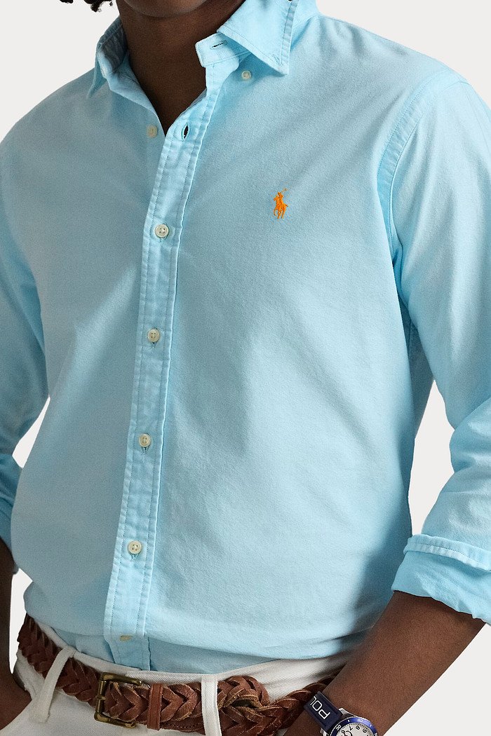 Camisa Ralph Lauren Custom Fit Sarja Orange Icon Azul Claro
