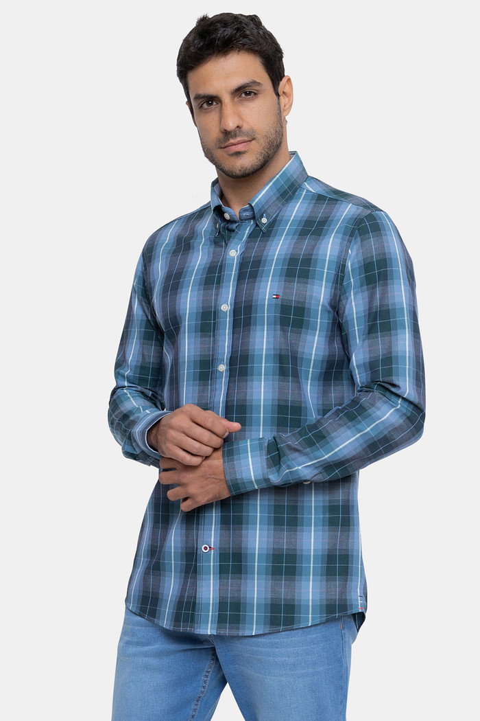 Camisa Tommy Hilfiger Regular Fit Xadrez Tartan Verde e Azul