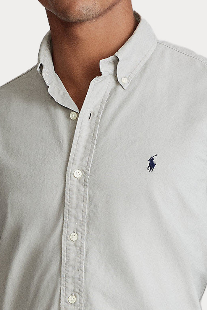 Camisa Ralph Lauren Custom Fit Navy Icon Cotton Oxford Cinza