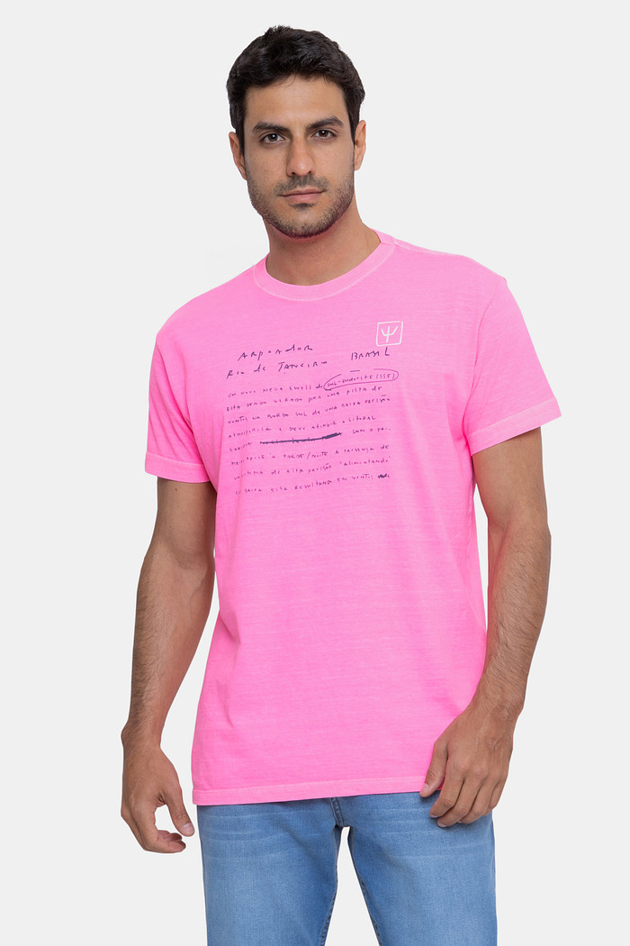 Camiseta Osklen Masculina Slim Stone Vintage Tridente Swell Rosa Neon