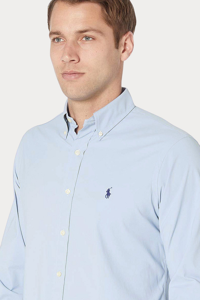 Camisa Ralph Lauren Custom Fit Navy Blue Icon Tricoline Azul Claro