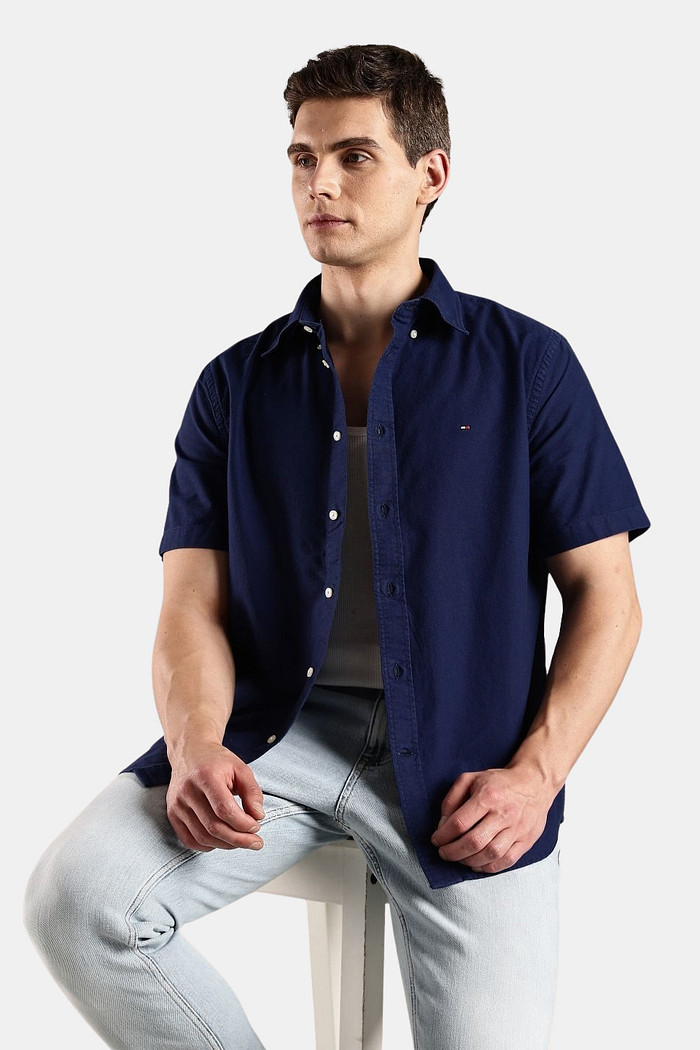 Camisa Tommy Hilfiger Manga Curta Regular Fit Oxford Azul Marinho
