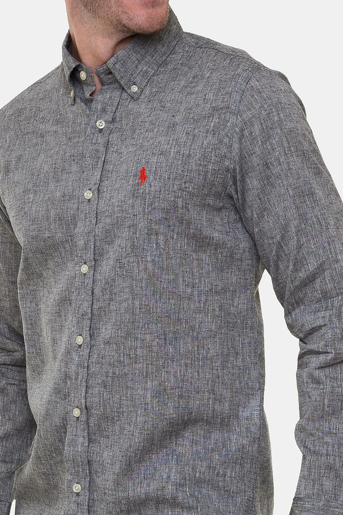 Camisa Ralph Lauren Custom Fit Masculina Red Icon Linho Mescla Preto