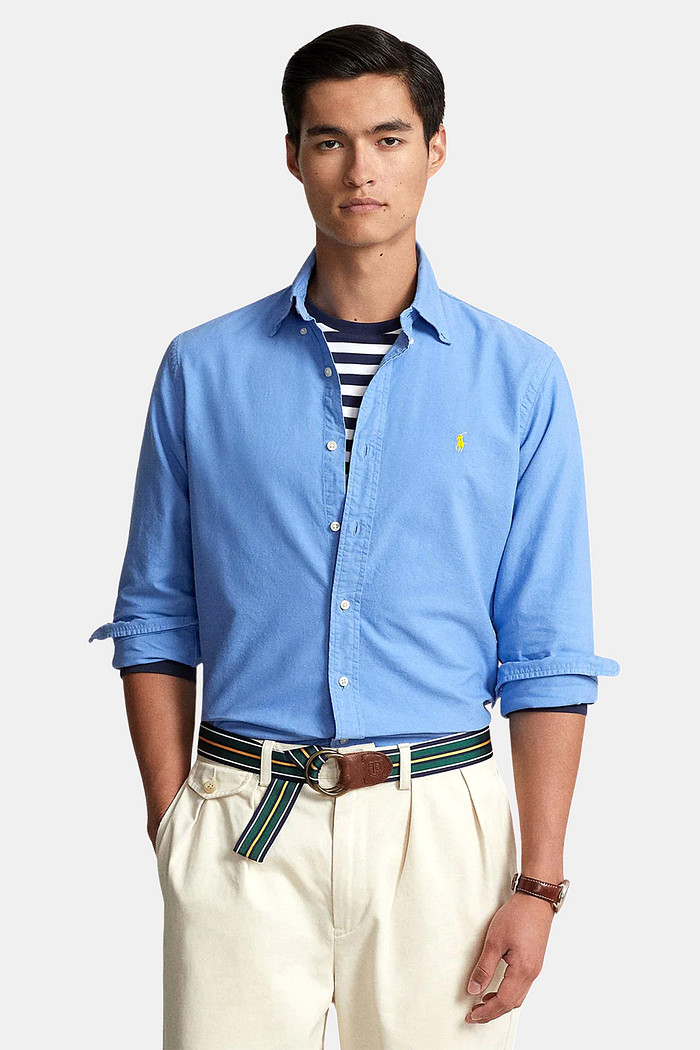Camisa Ralph Lauren Custom Fit Yellow Logo Oxford Azul Claro
