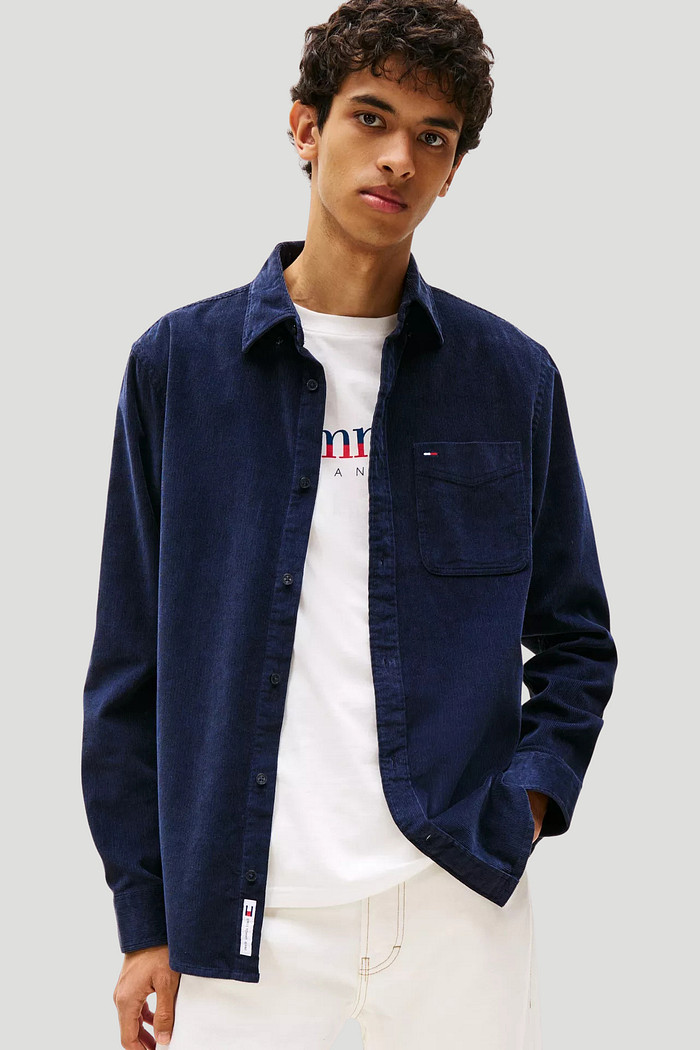 Camisa Tommy Jeans Masculina Regular Cotelê Baby Cord Shirt Azul Marinho