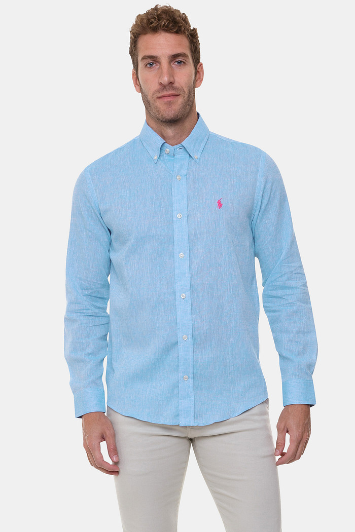 Camisa Ralph Lauren Custom Fit Masculina Pink Icon Linho Mescla Azul Claro