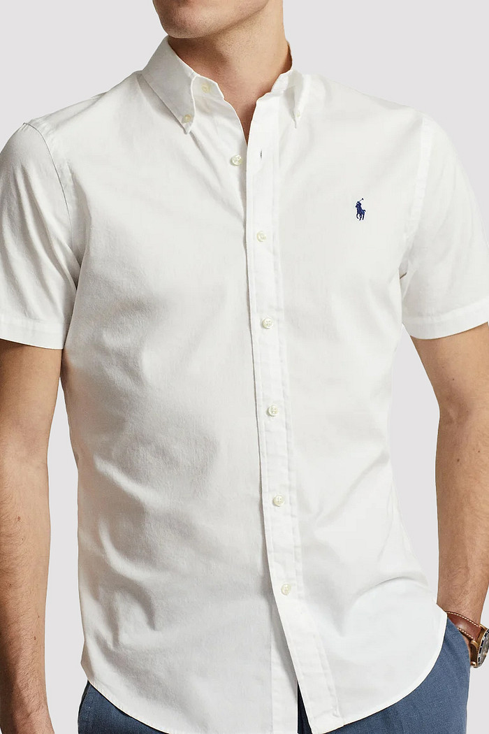 Camisa Ralph Lauren Manga Curta Navy Icon Cotton Oxford Branca