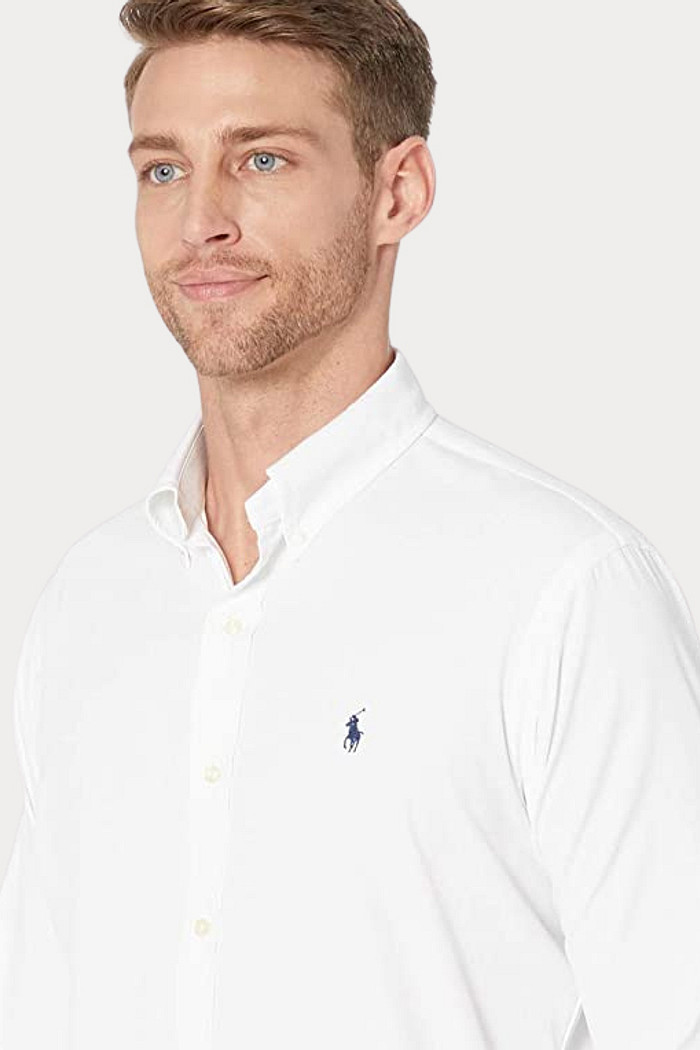 Camisa Ralph Lauren Custom Fit Navy Icon Tricoline Branca