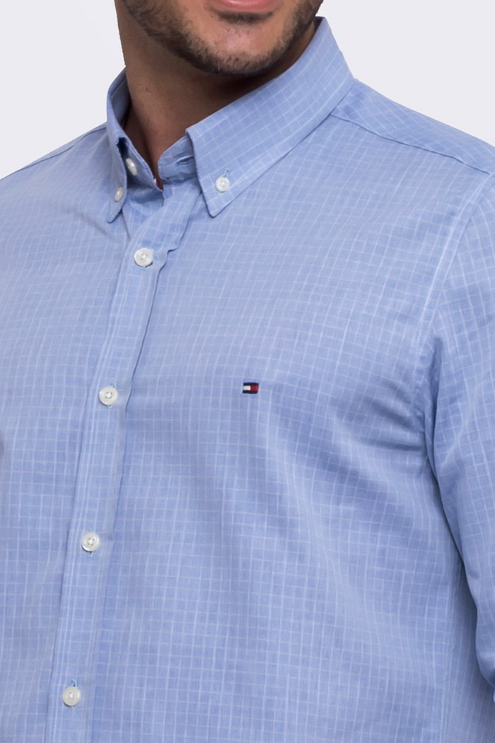 Camisa Tommy Hilfiger Masculina Regular Fit Xadrez Grid Azul Claro